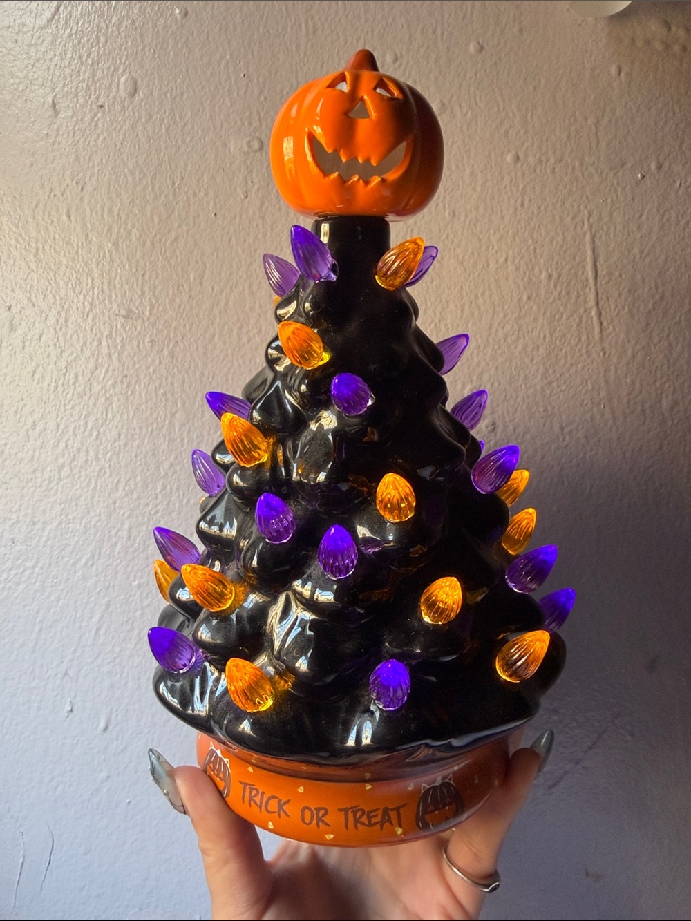 Halloween Ceramic Light-Up Tree - Black with Orange & Purple Lights